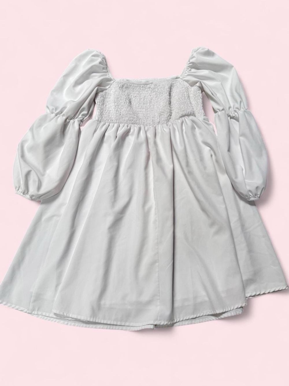 Smocked Square-Neck White Puff-Sleeve Dress